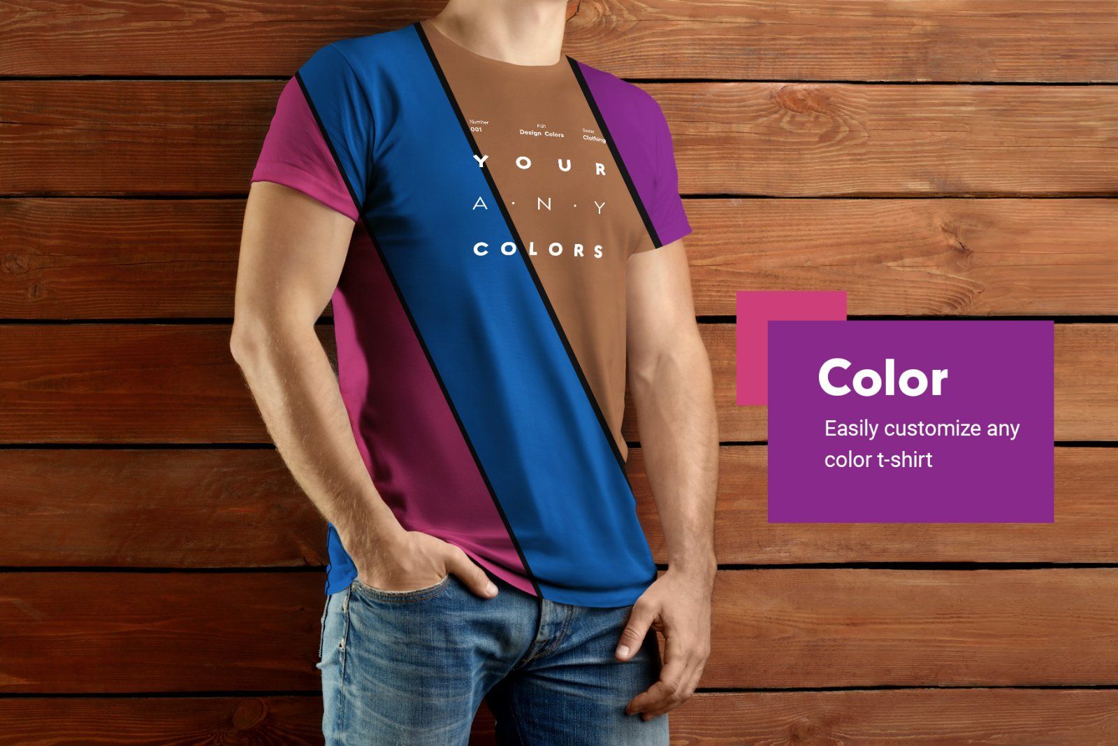 7 Mockup T-Shirt on the body of an athletic man on wooden background