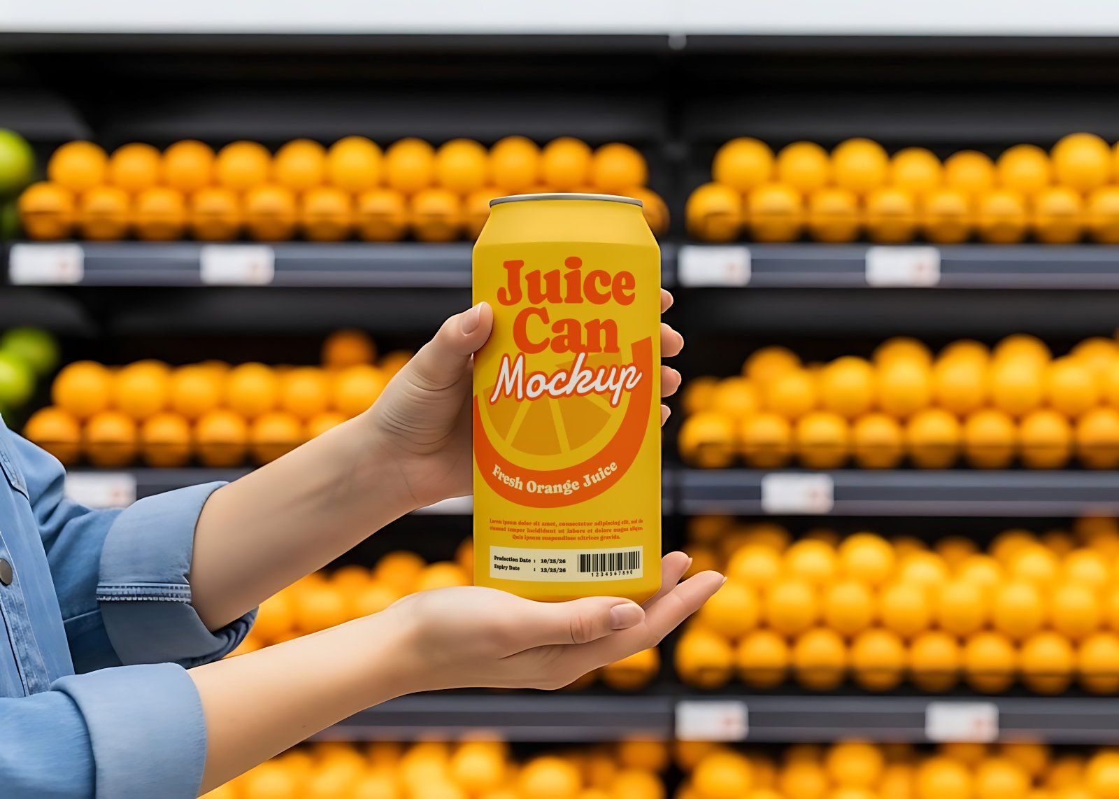 Fruit Market Mockup Kit – Juice Can, Plastic Bag, Price Tag, Cart, Uniform & More