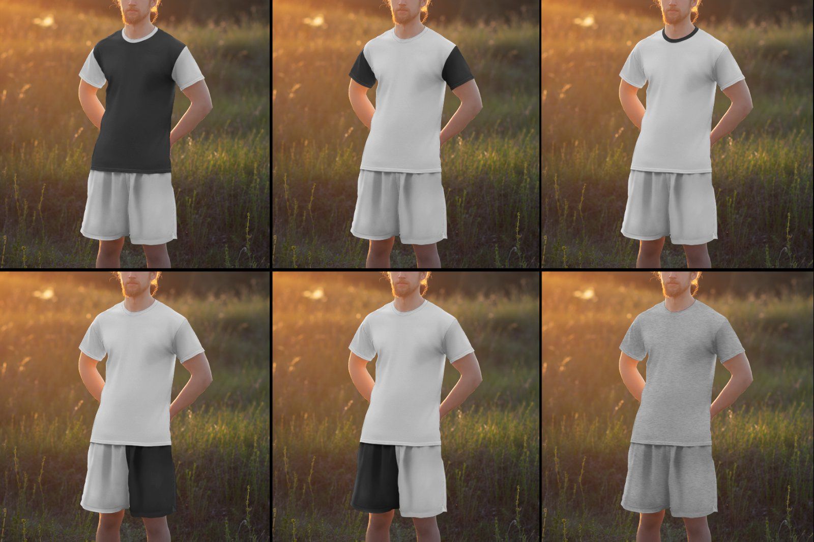 7 Mockups of Men's T-Shirt and Shorts Outdoors at Dawn