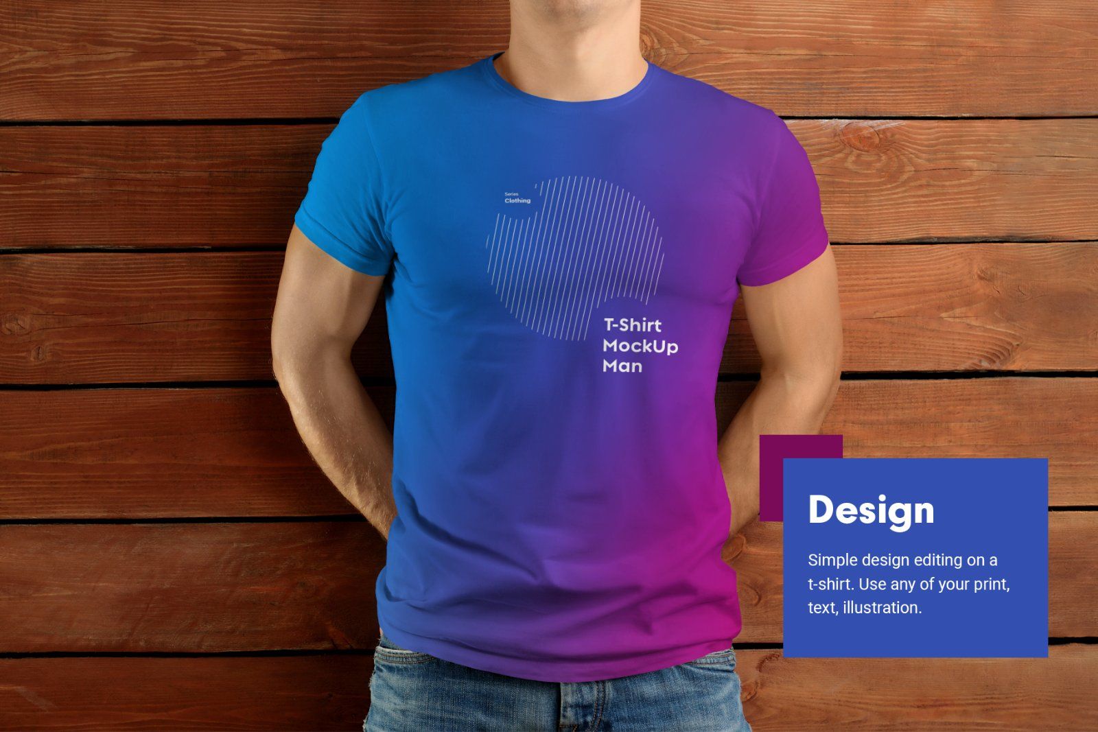 7 Mockup T-Shirt on the body of an athletic man on wooden background