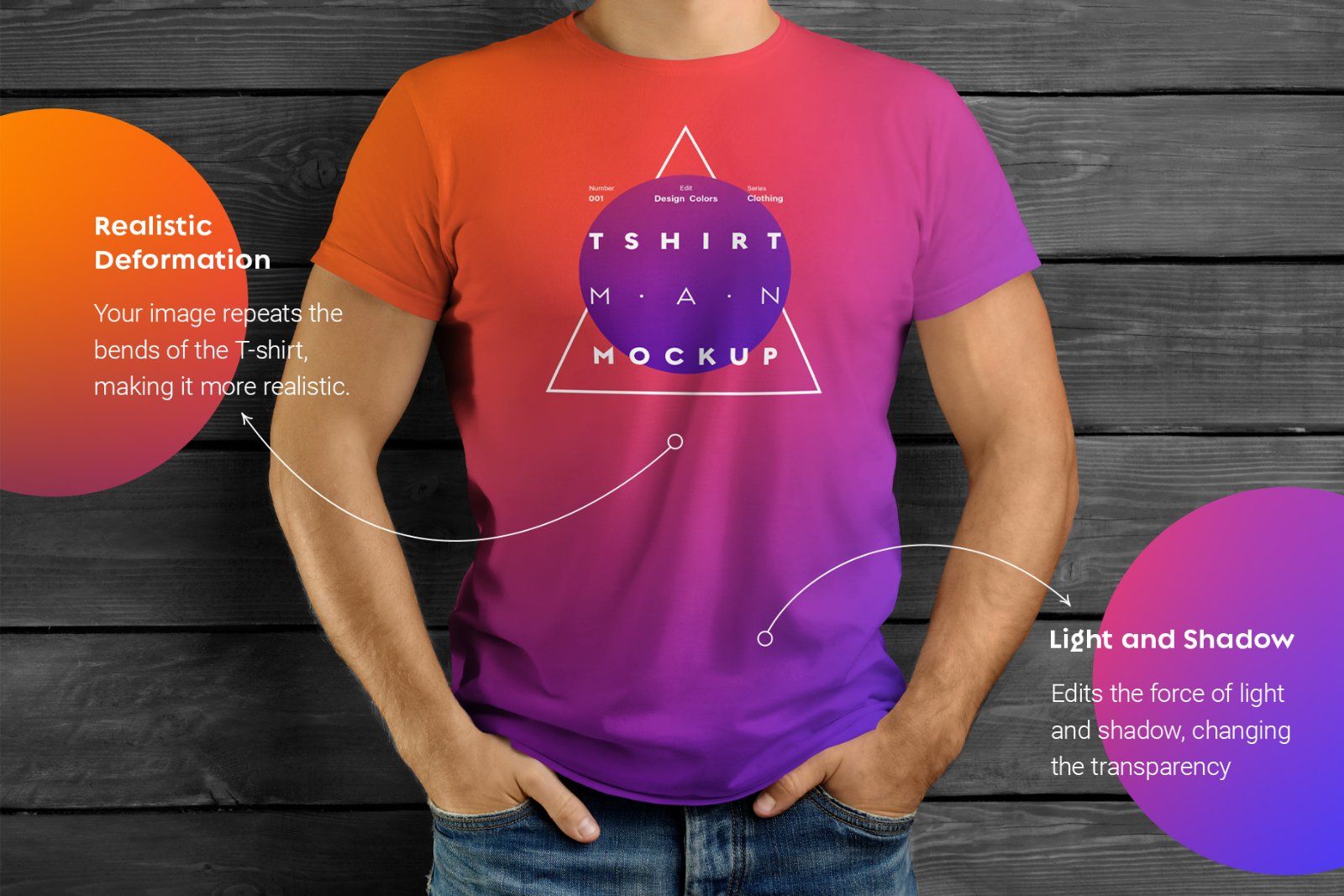 7 Mockup T-Shirt on the body of an athletic man on wooden background