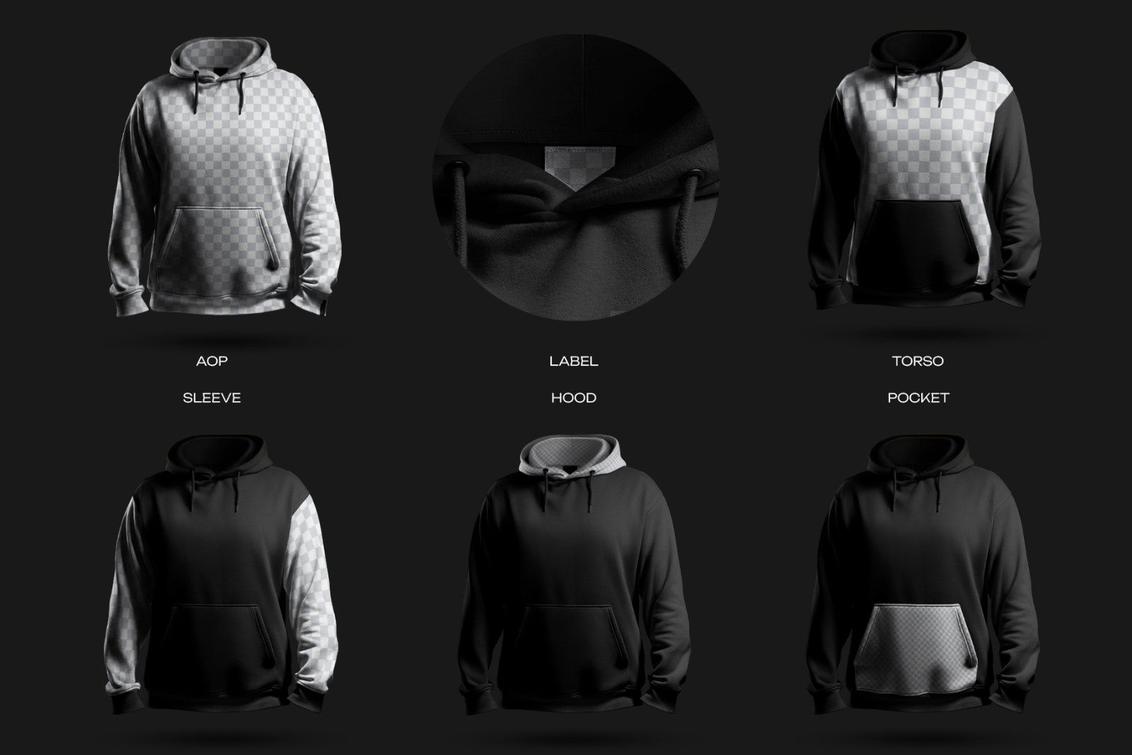6 Mockups Oversize Hoodie in 3D Style. Dark Light. vol.02