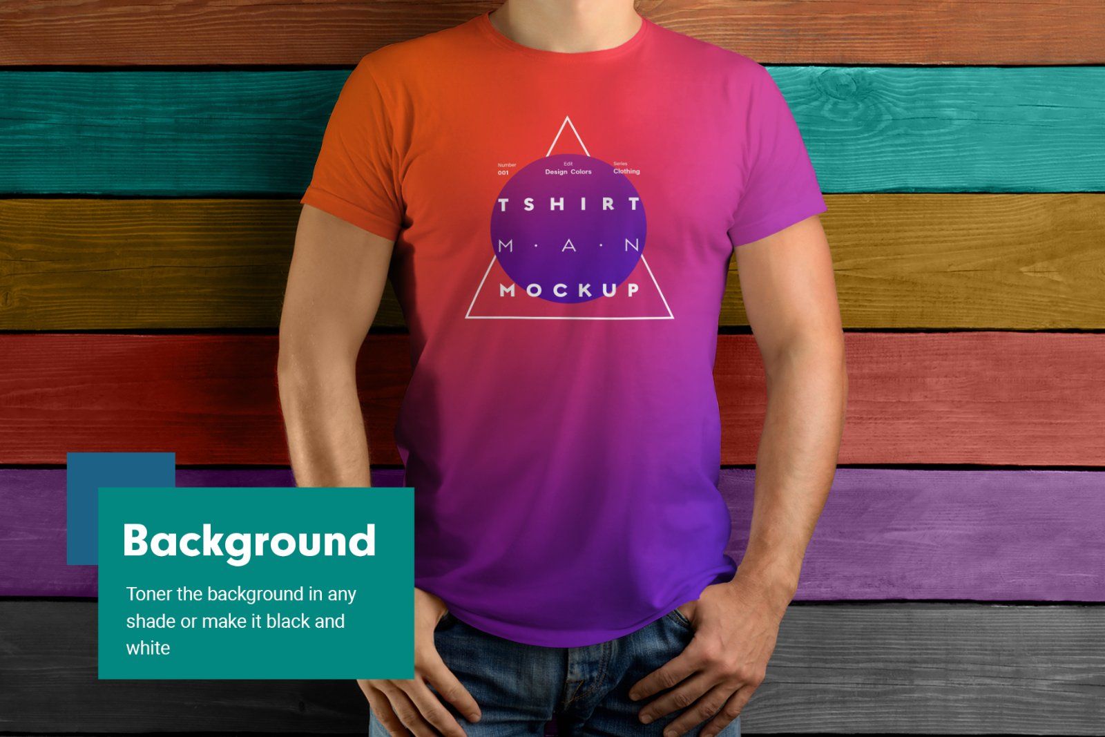 7 Mockup T-Shirt on the body of an athletic man on wooden background