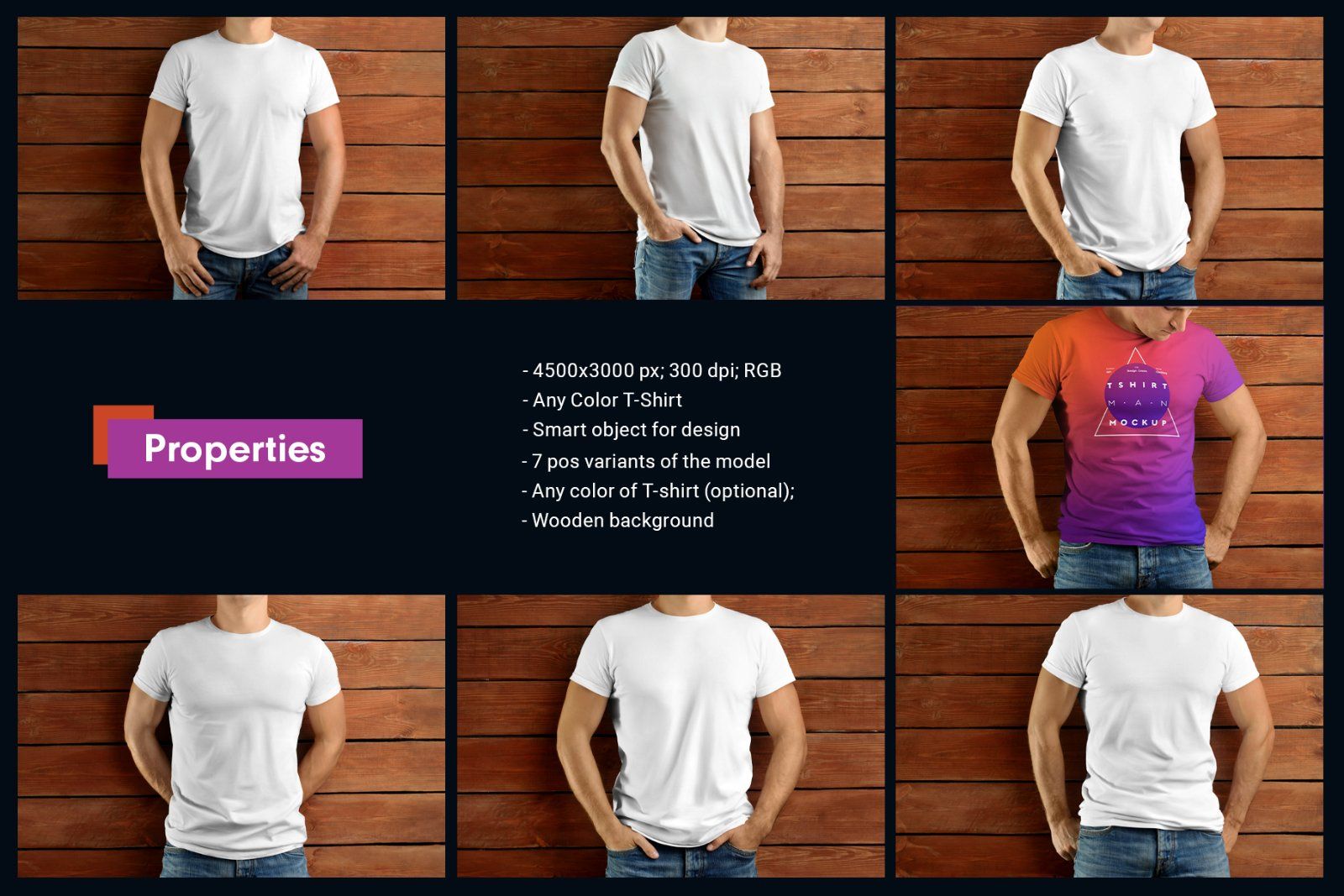 7 Mockup T-Shirt on the body of an athletic man on wooden background