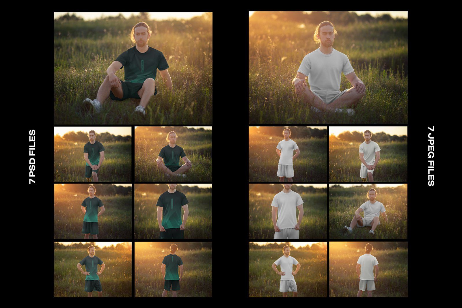 7 Mockups of Men's T-Shirt and Shorts Outdoors at Dawn