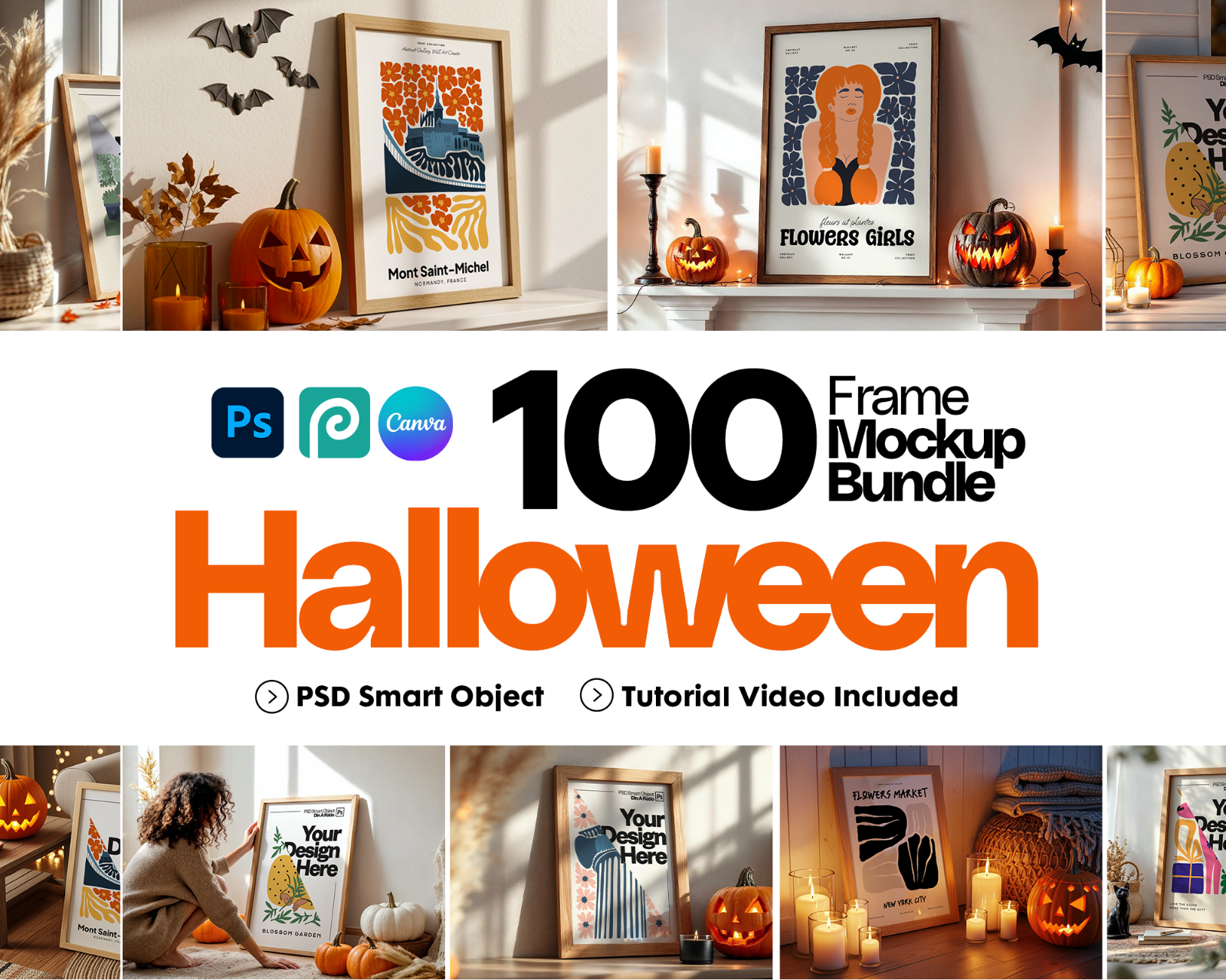 Halloween Frame Mockup Bundle: Rustic Autumn Wall Art Display (100 PSD Files)