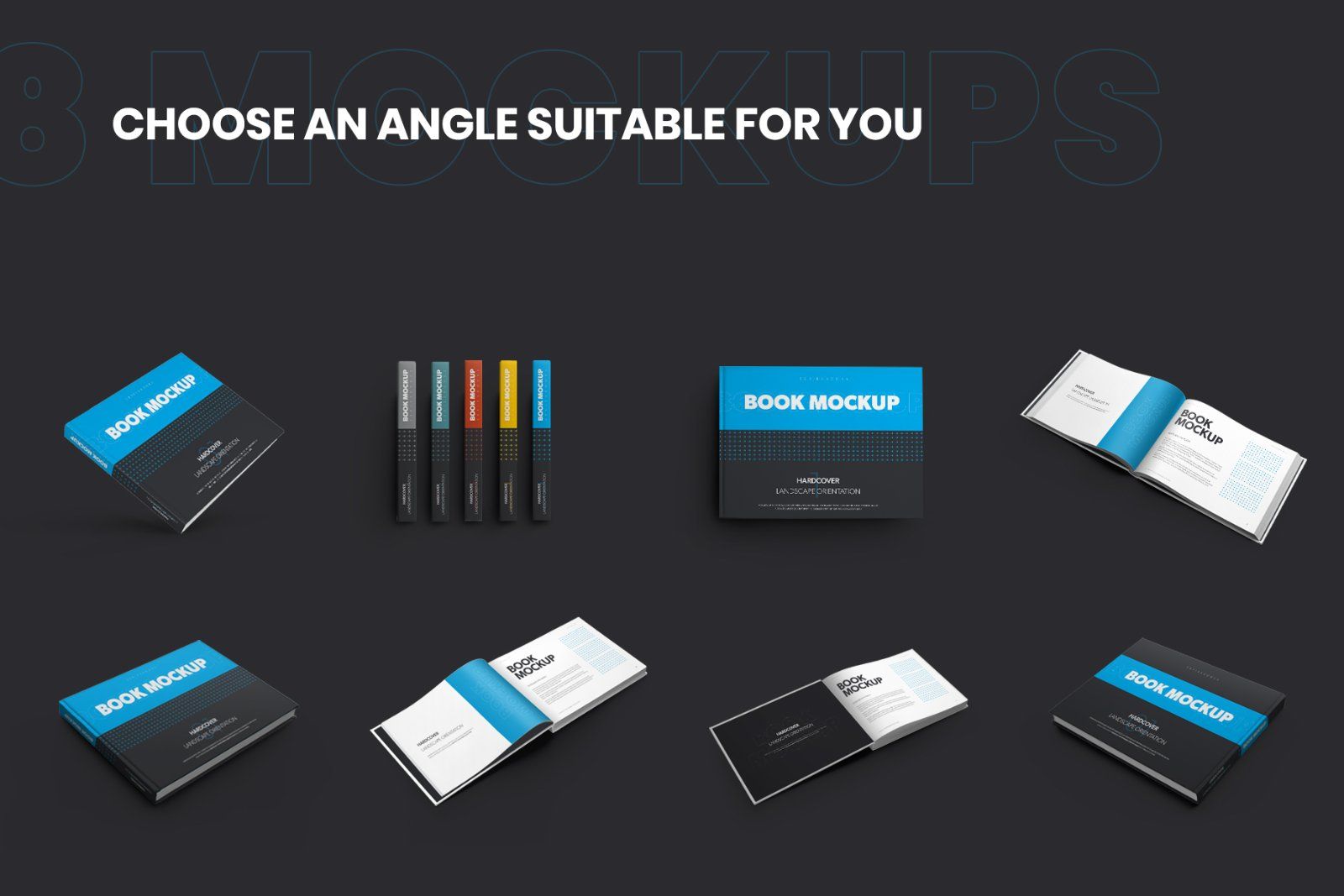 8 Book Mockups Hard Cover Landscape Oriantation.
