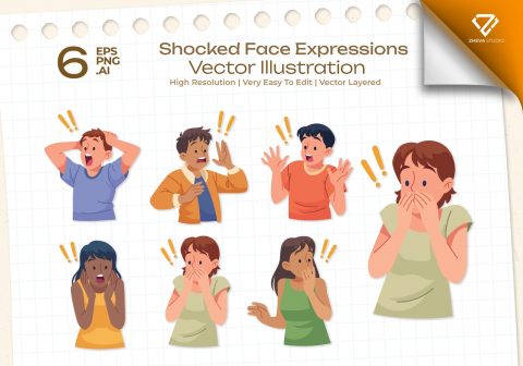 Premium Shocked Face Expressions Vector Illustration – 6 EPS & PNG Files
