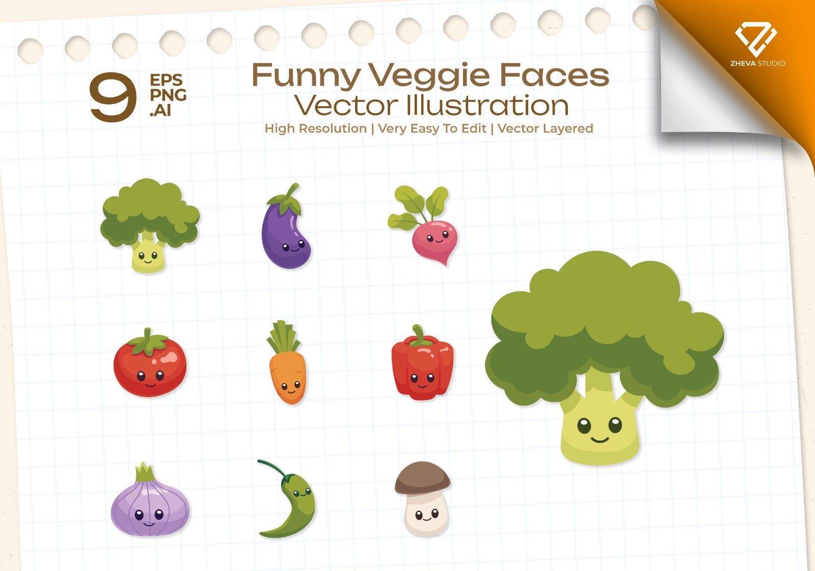 Premium Funny Veggie Faces Vector Illustration – 9 EPS & PNG Files