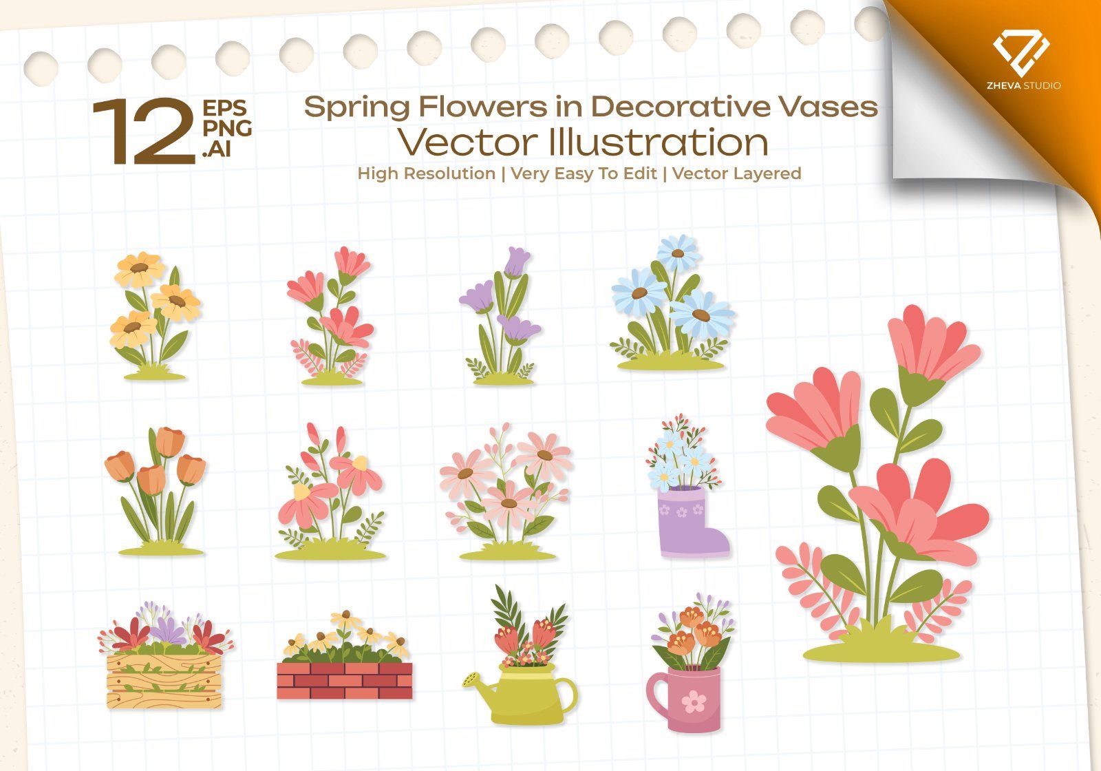 Premium Spring Flowers in Decorative Vases Vector Illustration – 12 EPS & PNG Files