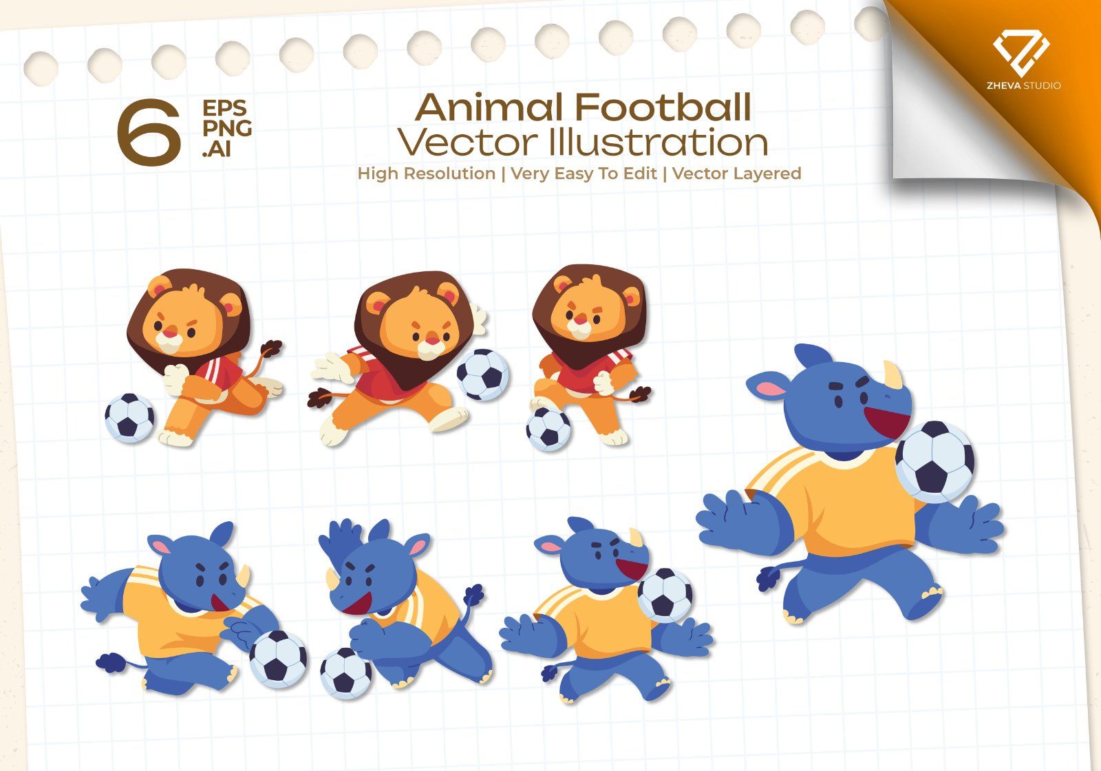 Premium Animal Football Vector Illustration   – 6 EPS & PNG Files 