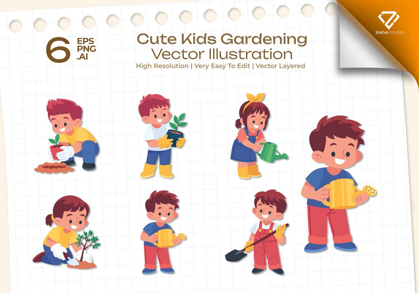 Premium Cute Kids Gardening Vector Illustration