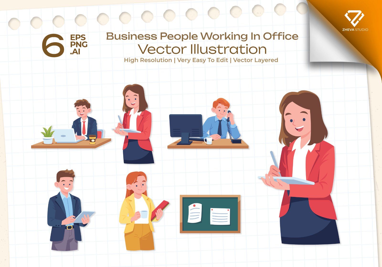 Premium Business People Working In Office Vector Illustration – 6 EPS & PNG Files