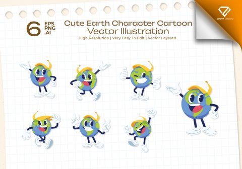 Premium Cute Earth Character Cartoon Vector Illustration – 6 EPS & PNG Files