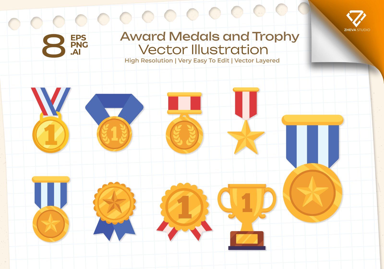 Premium Award Medals and Trophy Vector Illustration – 8 EPS & PNG File