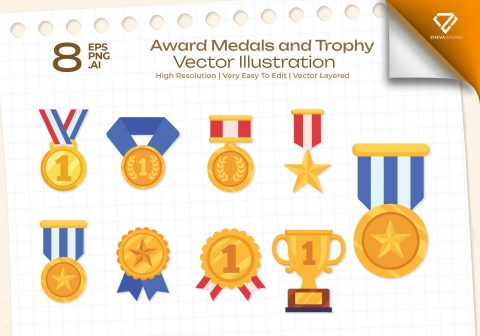 Premium Award Medals and Trophy Vector Illustration – 8 EPS & PNG File