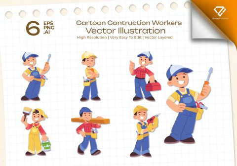 Premium Cartoon Contruction Workers Vector Illustration
