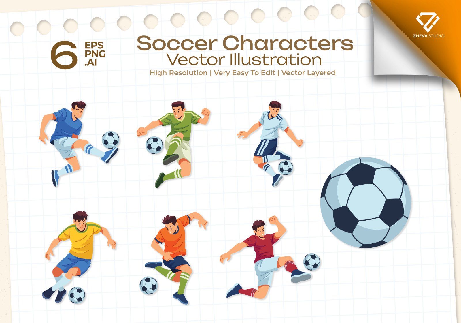Premium Soccer Characters Vector Illustration – 6 EPS & PNG Files