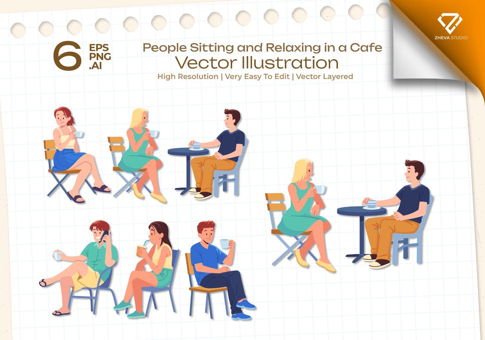 Premium People Sitting and Relaxing in a Cafe Vector Illustration