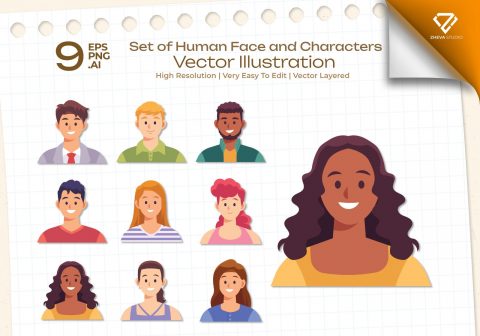 Premium Set of Human Face and Characters Vector Illustration