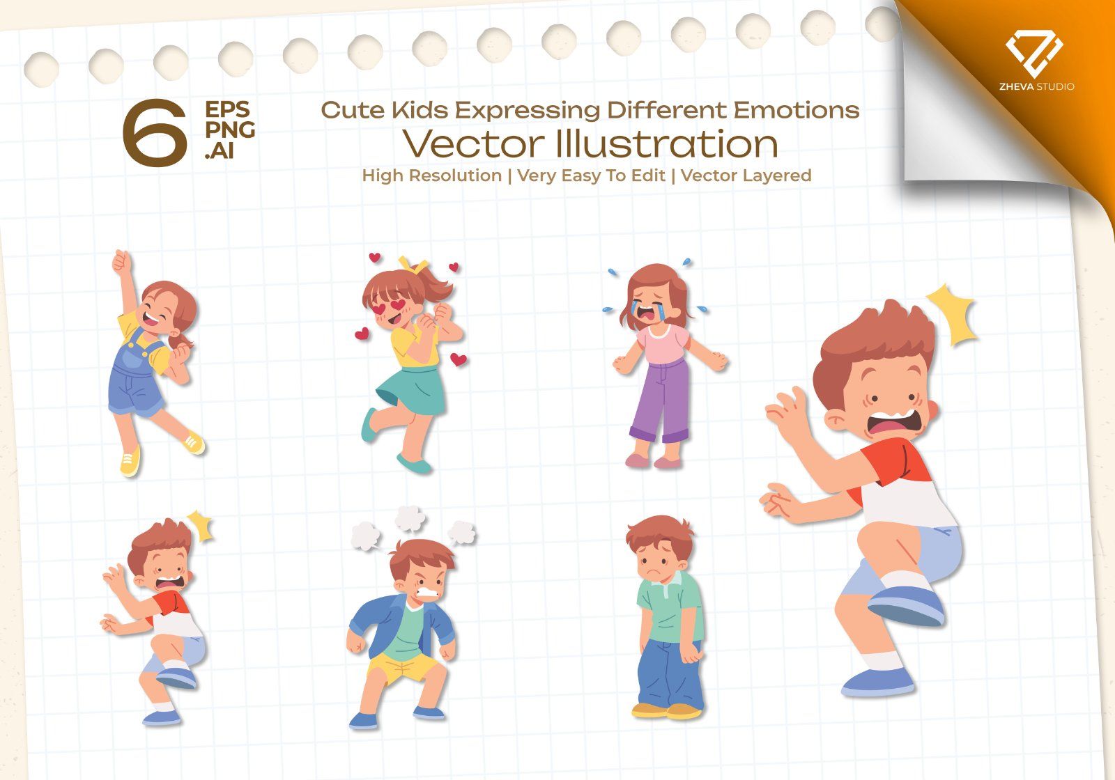 Premium Cute Kids Expressing Different Emotions Vector Illustration