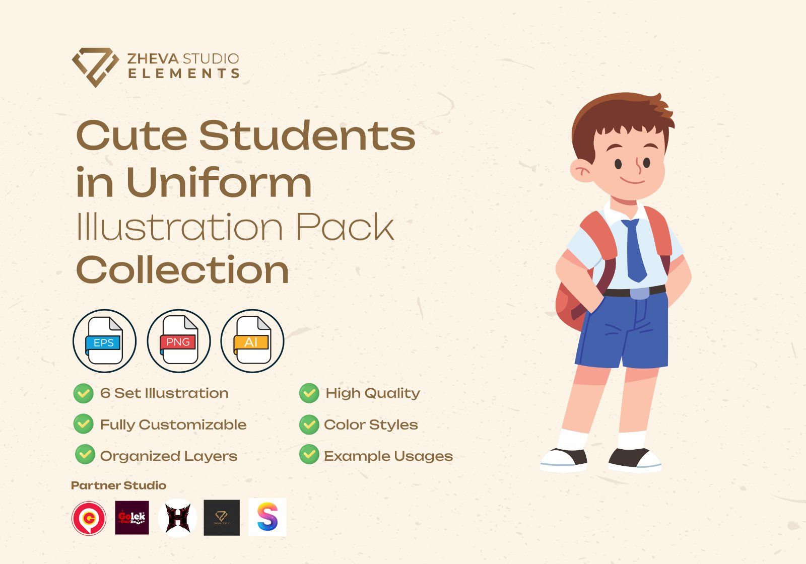 Premium Cute Students in Uniform Vector Illustration – 6 EPS & PNG Files