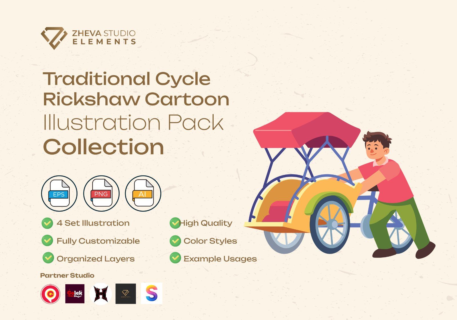 Premium Traditional Cycle Rickshaw Cartoon Vector Illustration