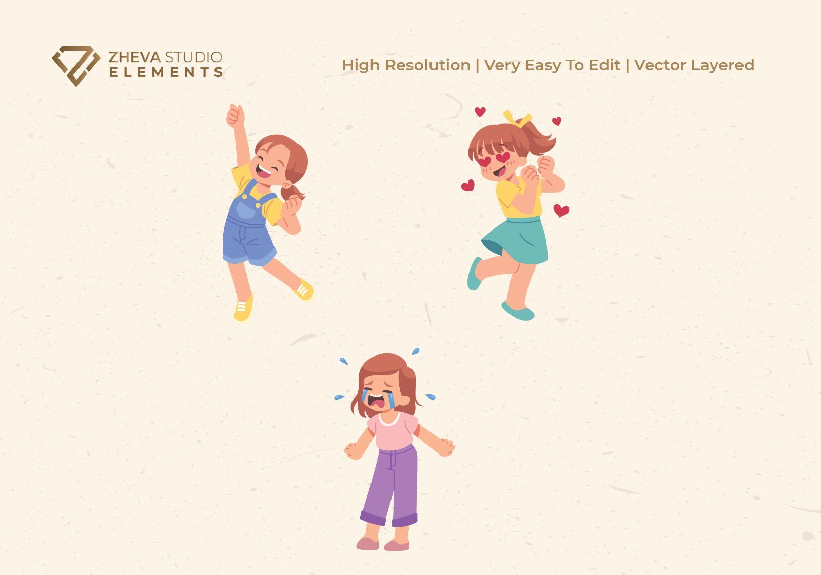 Premium Cute Kids Expressing Different Emotions Vector Illustration