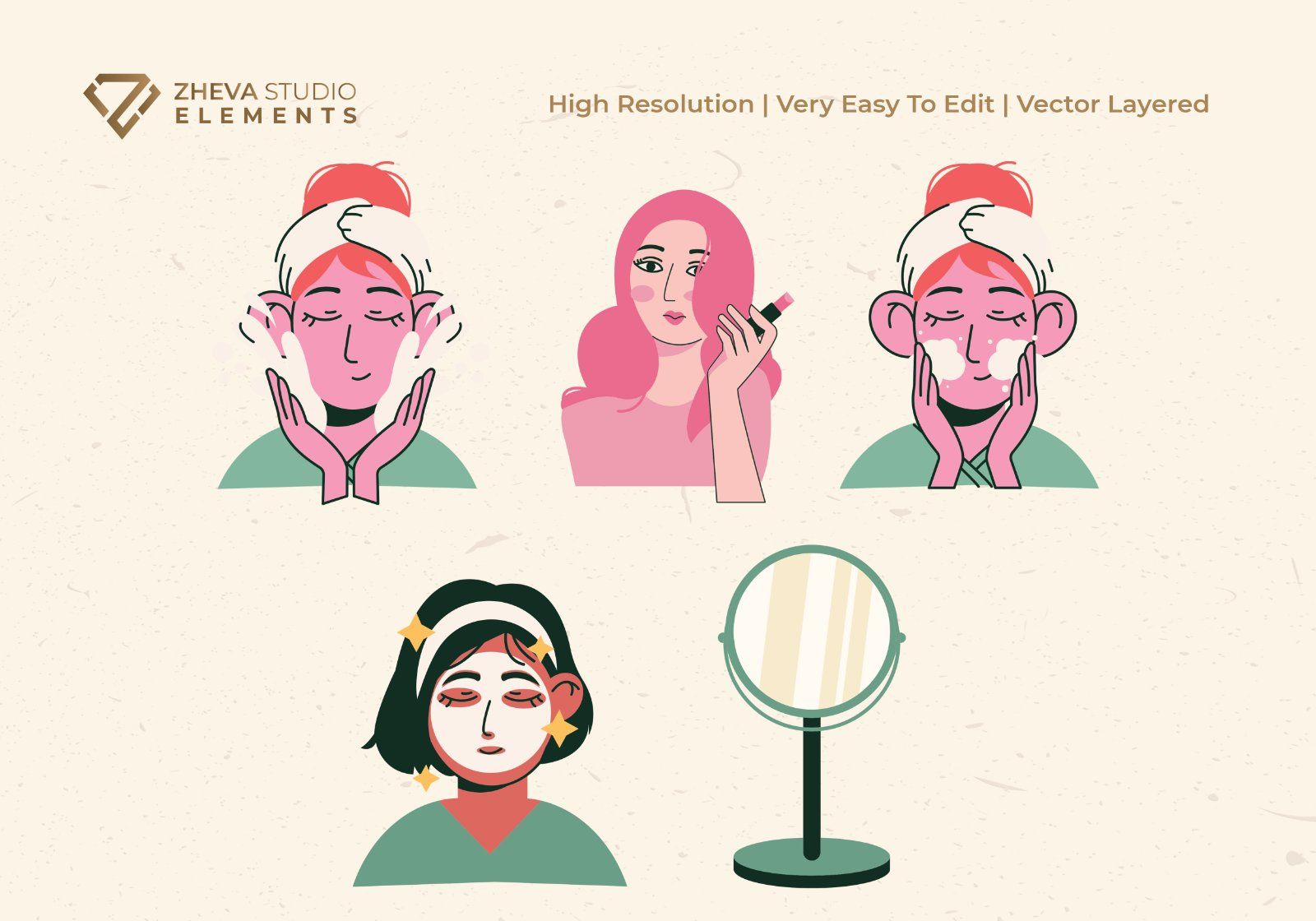 Premium Women Applying Makeup and Skincare Vector Illustration