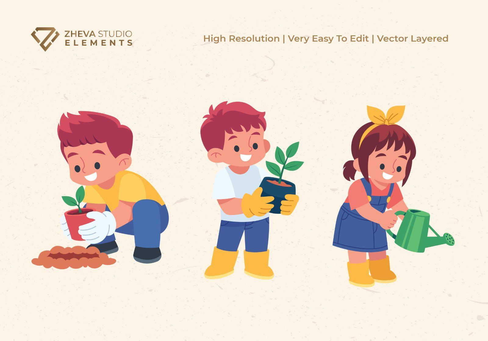 Premium Cute Kids Gardening Vector Illustration