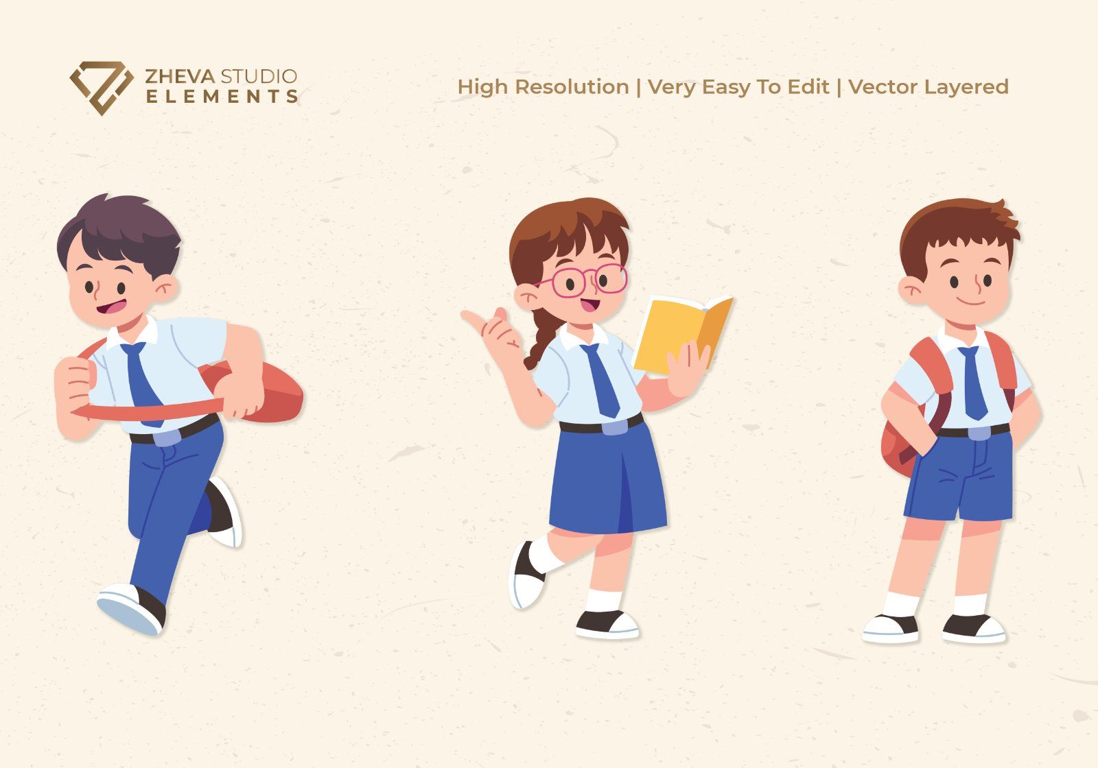 Premium Cute Students in Uniform Vector Illustration – 6 EPS & PNG Files