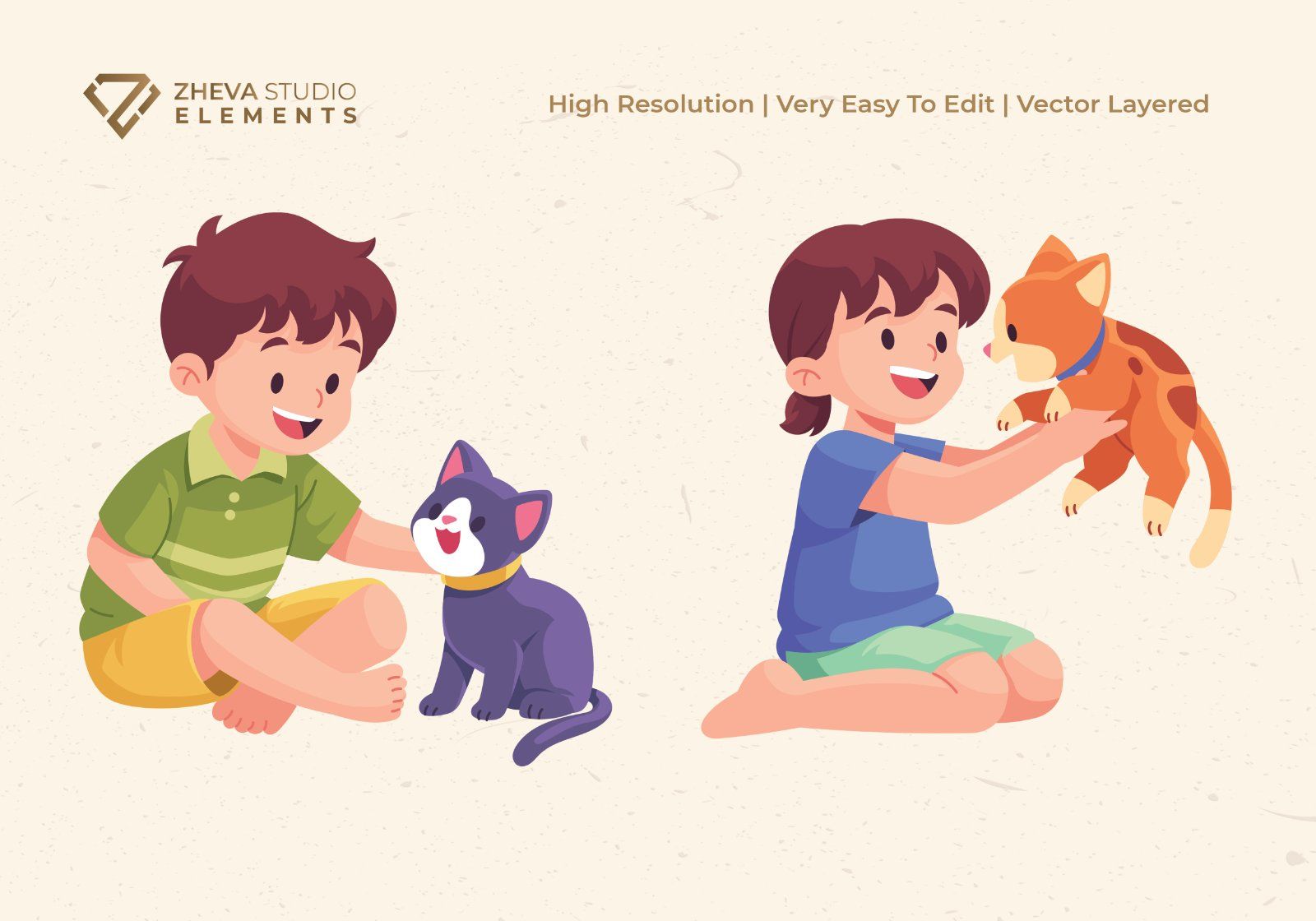 Premium Kids Playing with Cute Cats Vector Illustration