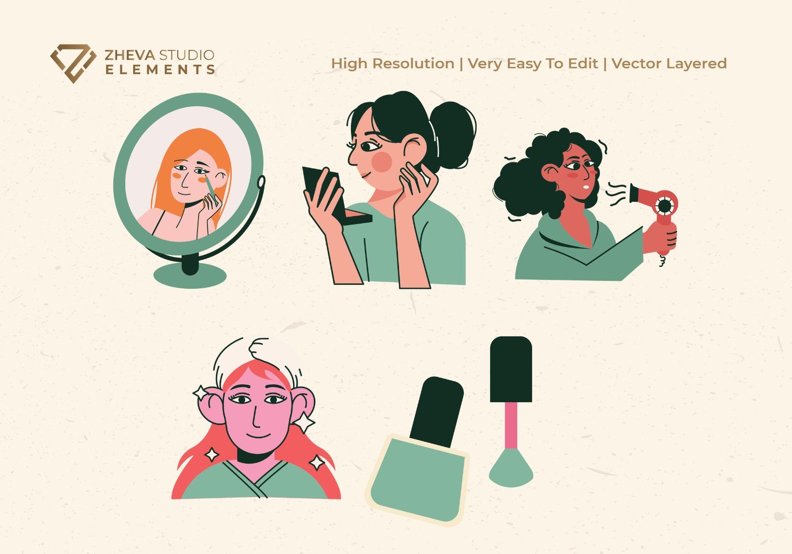 Premium Women Applying Makeup and Skincare Vector Illustration