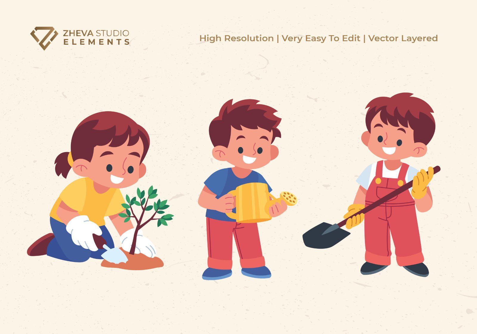 Premium Cute Kids Gardening Vector Illustration
