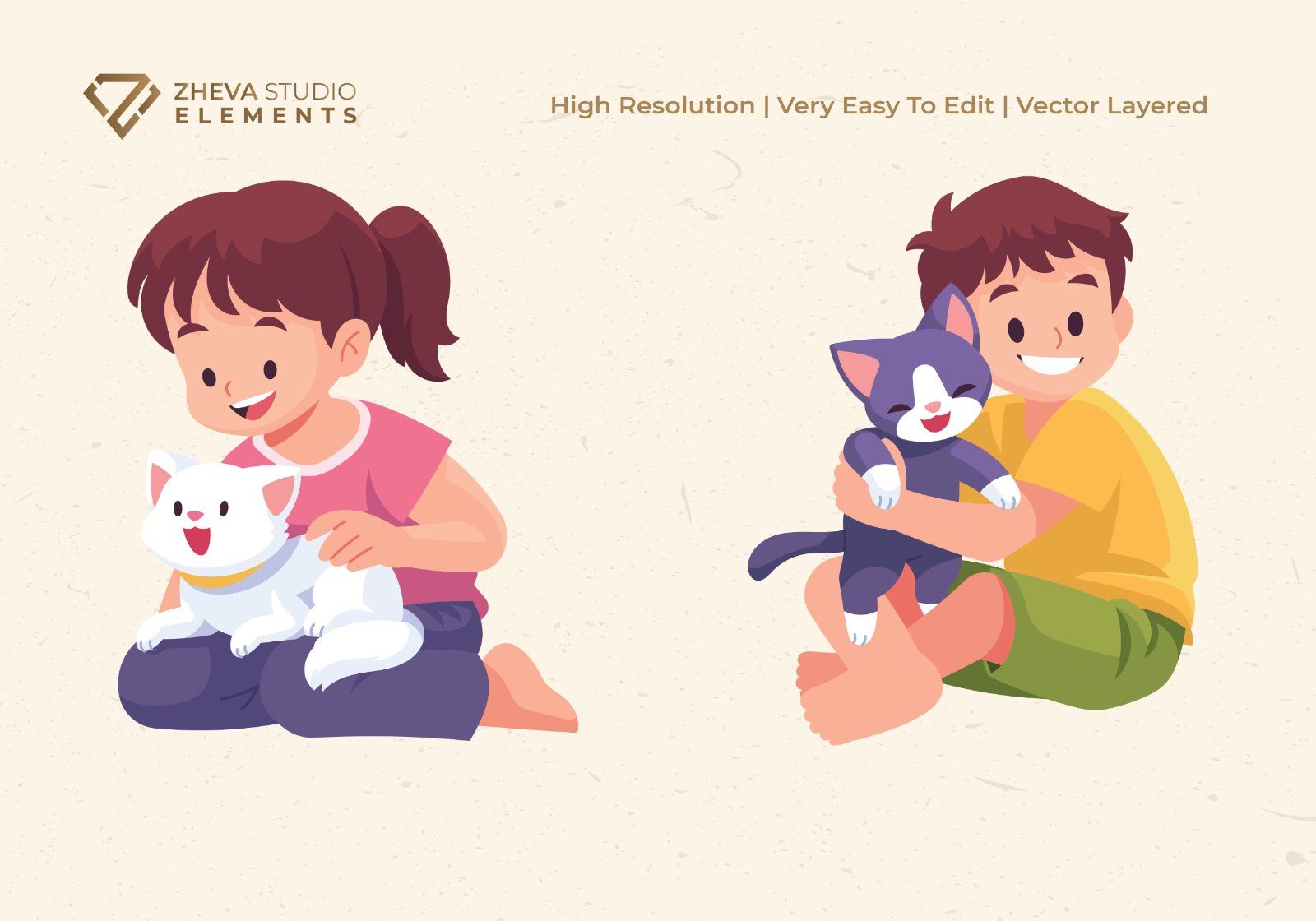 Premium Kids Playing with Cute Cats Vector Illustration