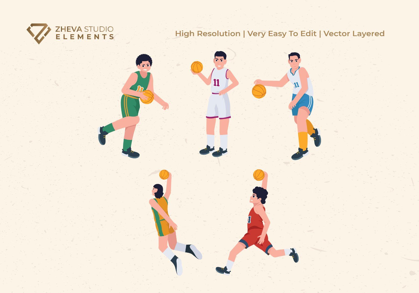 Premium Cartoon Basketball Athletes Vector Illustration