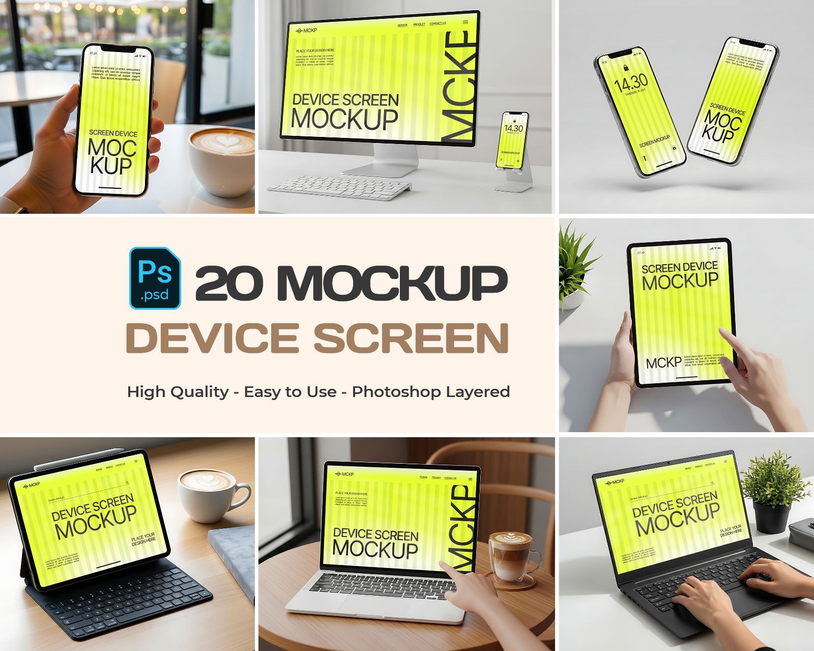 Device Screen Mockup Bundle – 20 PSD Templates for Phone, Tablet & Laptop Designs