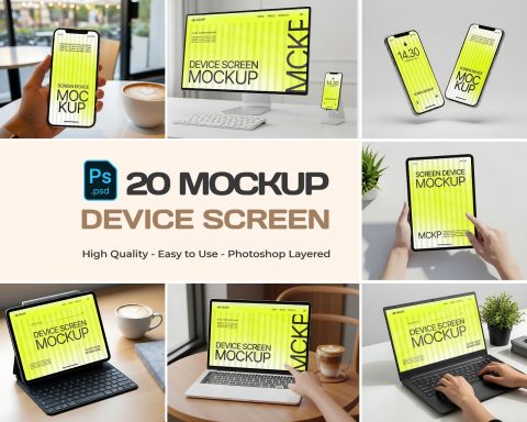 Device Screen Mockup Bundle – 20 PSD Templates for Phone, Tablet & Laptop Designs