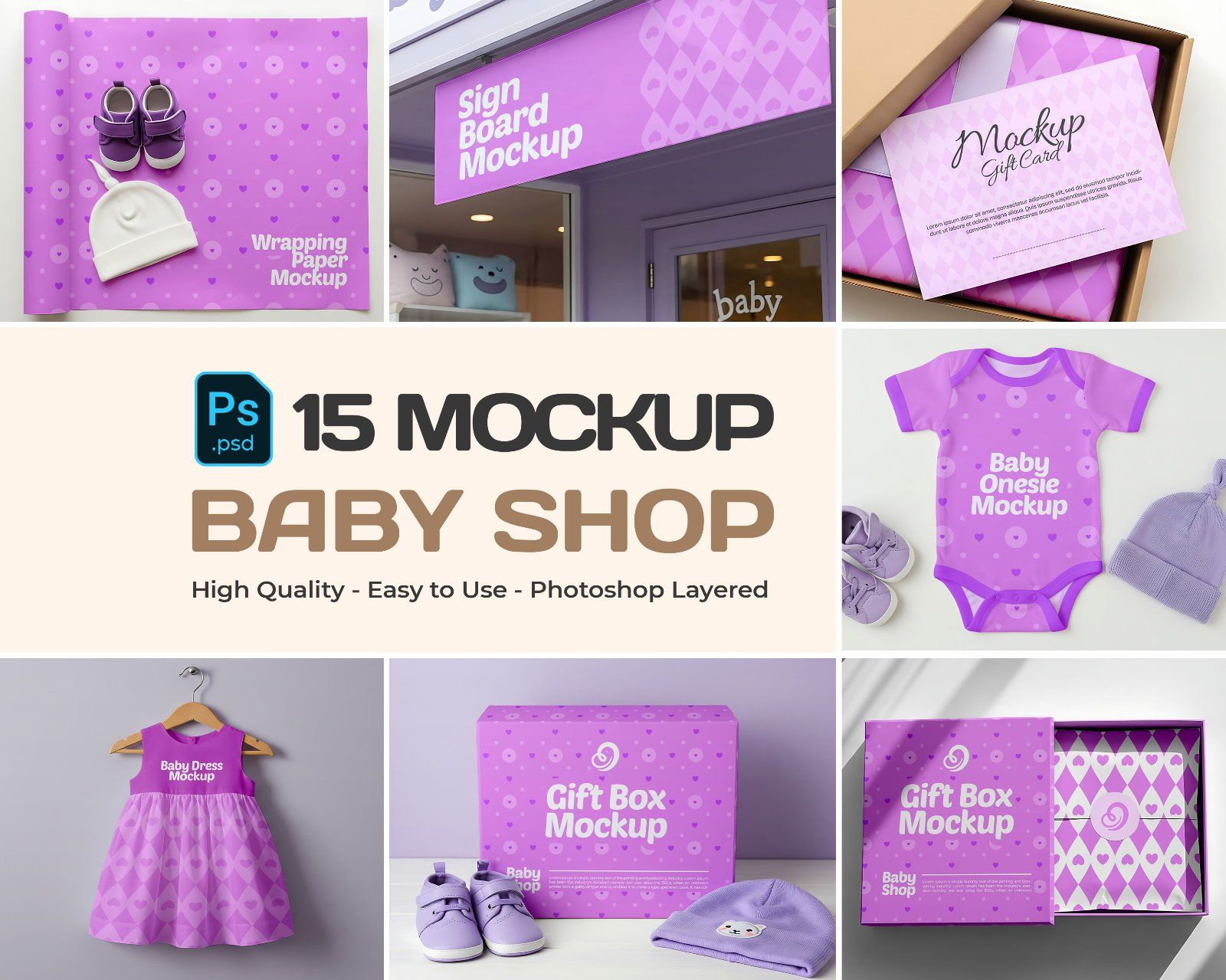 15 Baby Shop Mockups – PSD Onesie, Dress, Gift Box, Sign, Wrapping & Tag Kit