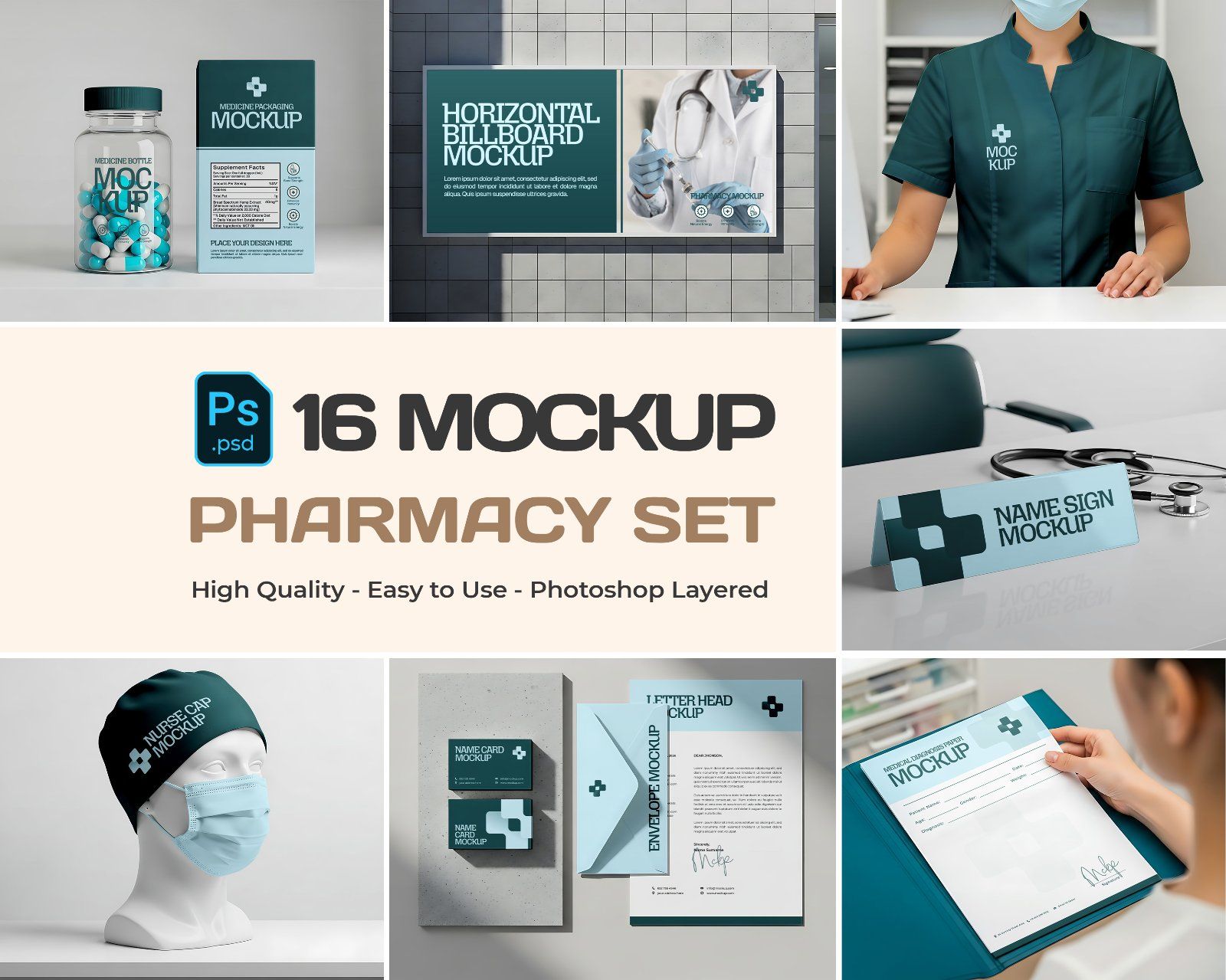 Pharmacy & Medical Branding Mockup Bundle – 16 High Quality PSD Templates for Professional Healthcar