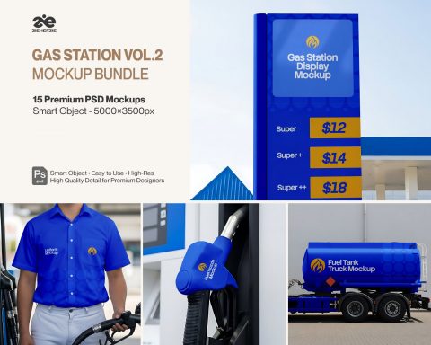 Gas Station Branding Mockup Bundle Vol.2 – 15 Premium PSD | Fuel Pump, Display Board, Uniform & Tank