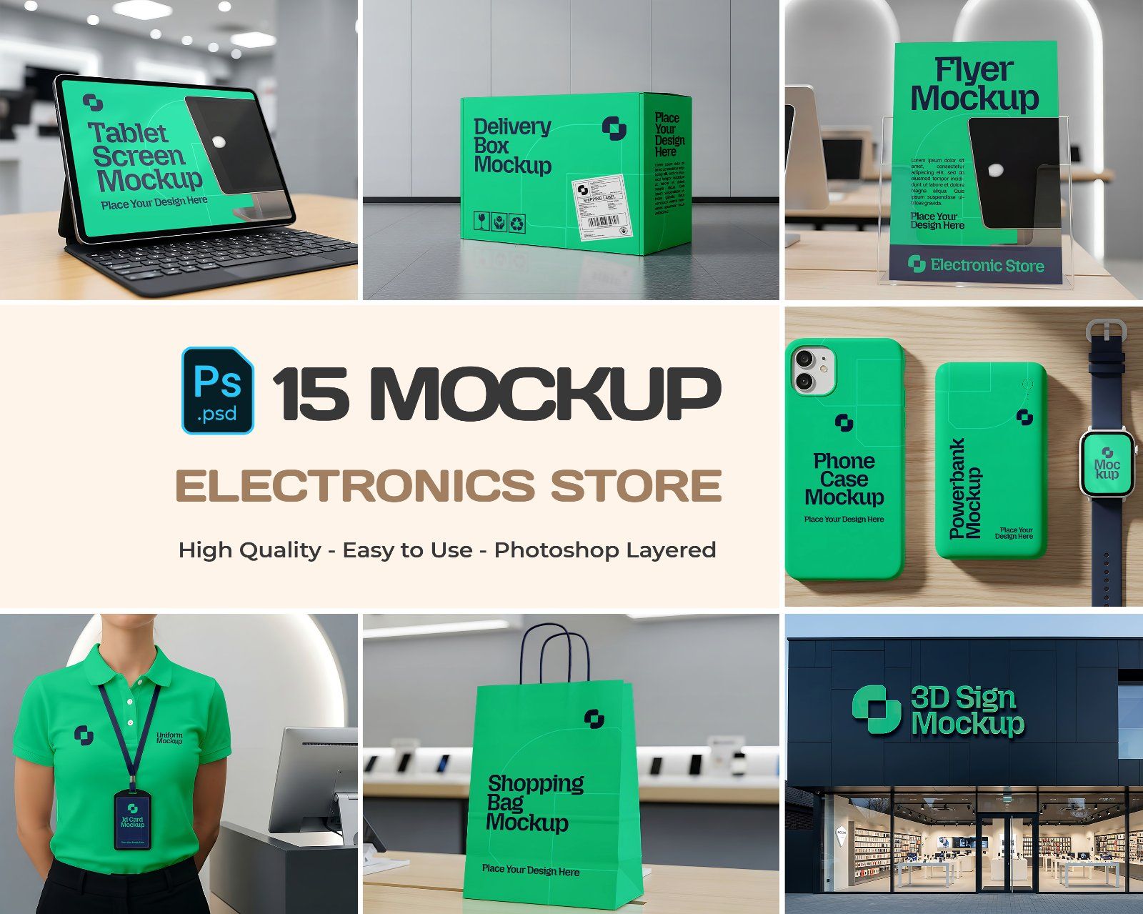 Electronics Store Branding Mockup Bundle – 15 PSD Templates for Device & Retail Design
