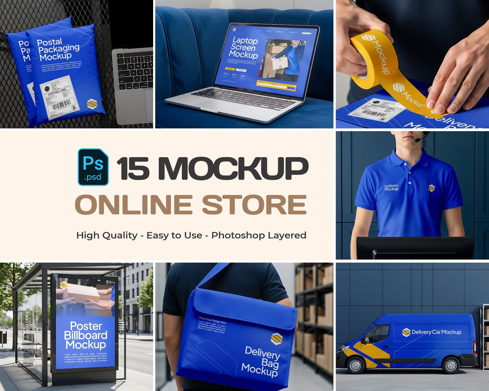 Online Store Mockup Bundle – 15 PSD Templates for E-Commerce & Delivery Branding
