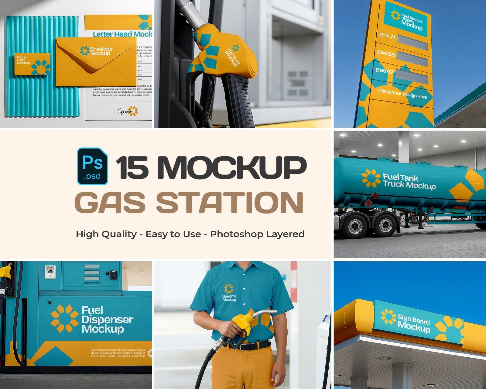 15 PSD Gas Station Branding Mockup Kit – Fuel Dispenser, Truck, Uniform, Billboard Design