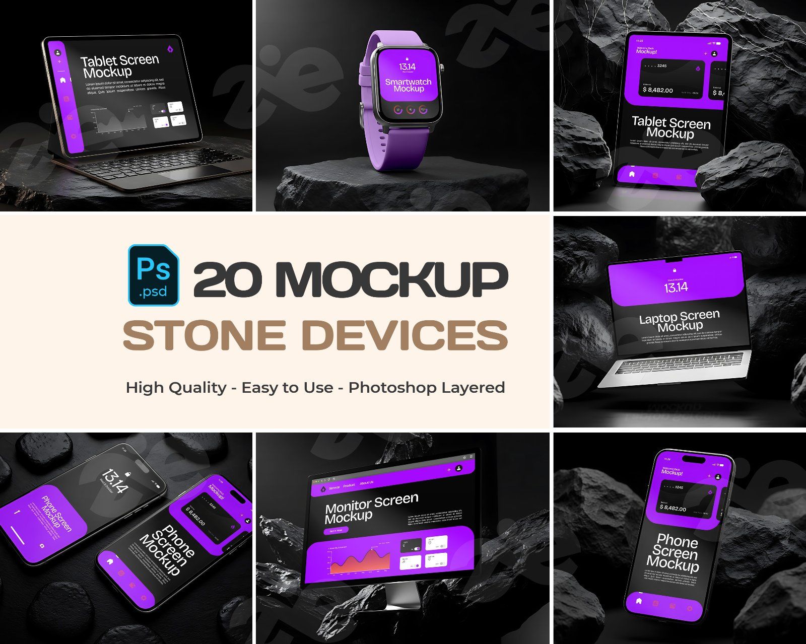 Stone Devices Mockup Bundle – 20 PSD Templates for Tech & UI Presentation Design