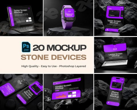 Stone Devices Mockup Bundle – 20 PSD Templates for Tech & UI Presentation Design