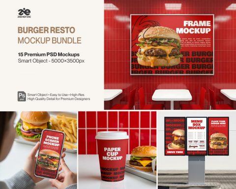 Burger Restaurant Branding Mockup Bundle | 15 Premium PSD Mockups | Fast Food Packaging & Menu Mocku