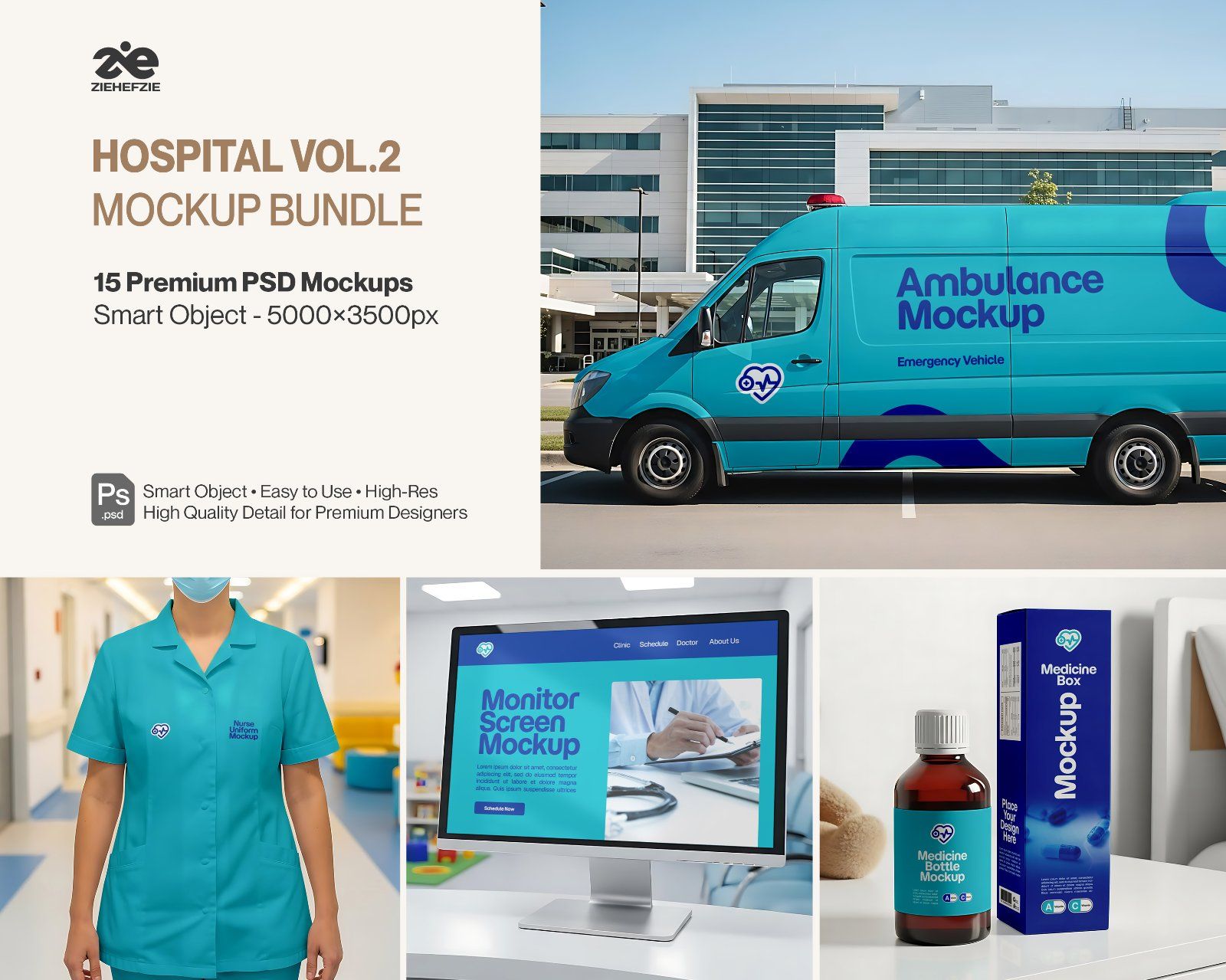 Hospital Mockup Bundle Vol.2 – Medical Branding PSD Pack (Ambulance, Nurse Uniform, Medicine Bottle,