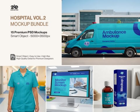 Hospital Mockup Bundle Vol.2 – Medical Branding PSD Pack (Ambulance, Nurse Uniform, Medicine Bottle,