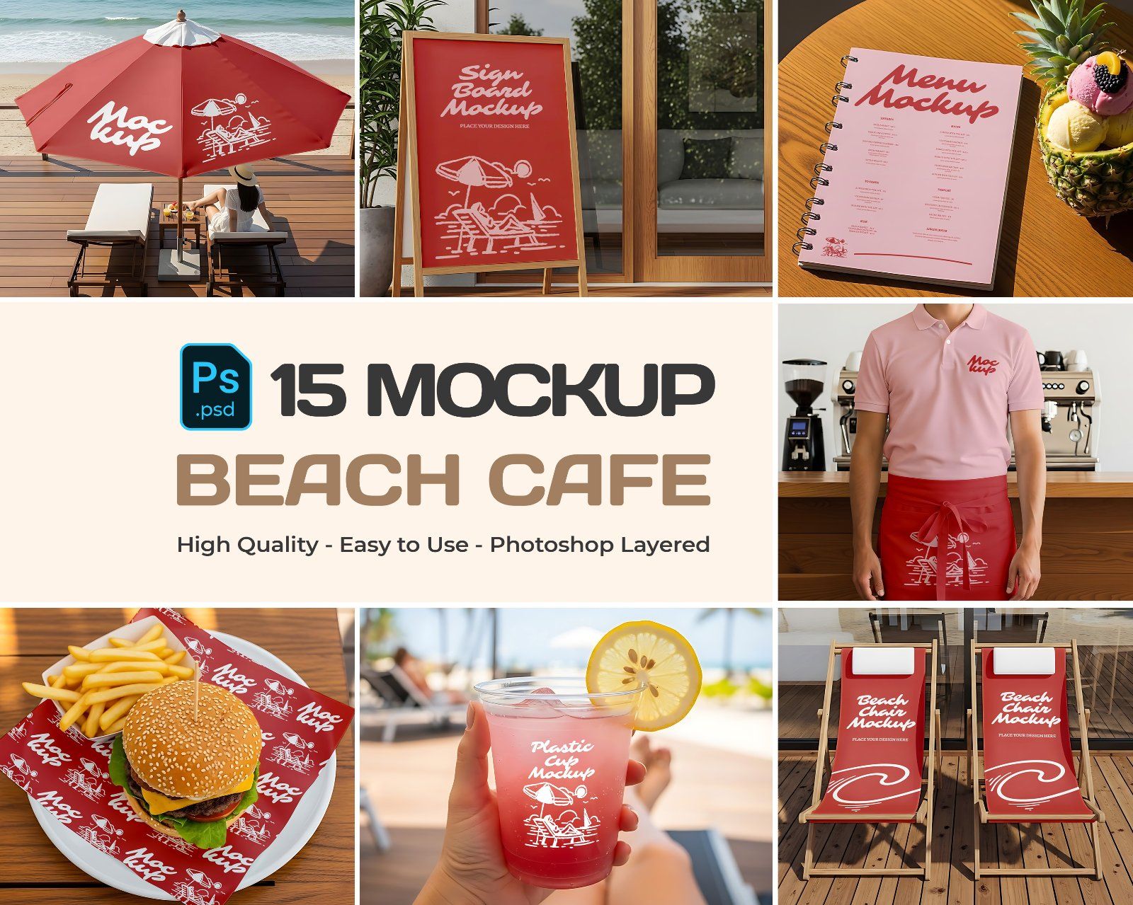 Beach Cafe Tropical PSD Set for Summer Restaurant, Juice Bar & Burger Shop